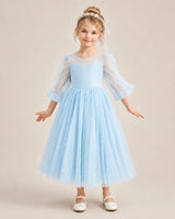 Baby Blue Satin Tulle Puff Sleeve Flower Girl Dresses Front View