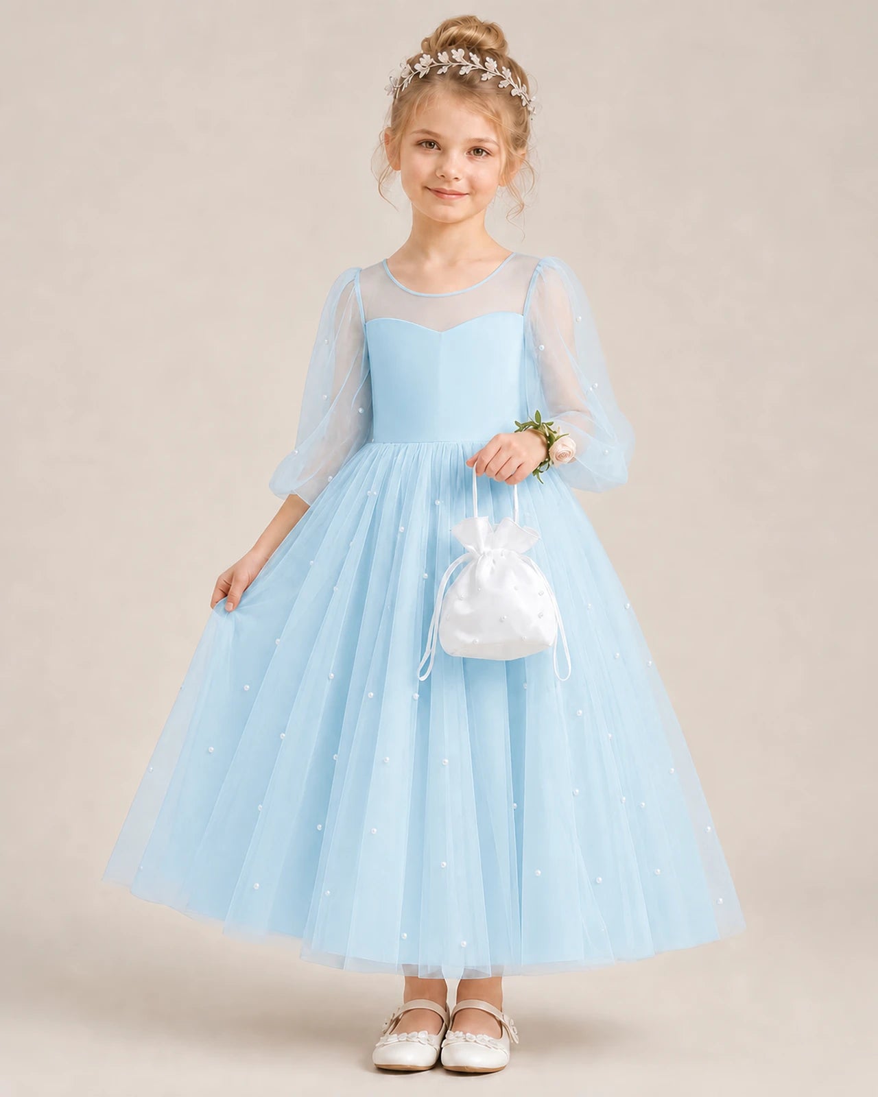 Dideyttawl Puff Sleeve Pearl Satin Tulle Flower Girl Dress