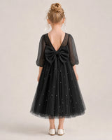Black Satin and Tulle A-Line Flower Girl Dresses Back View