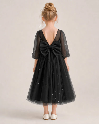Dideyttawl Puff Sleeve Pearl Satin Tulle Flower Girl Dress
