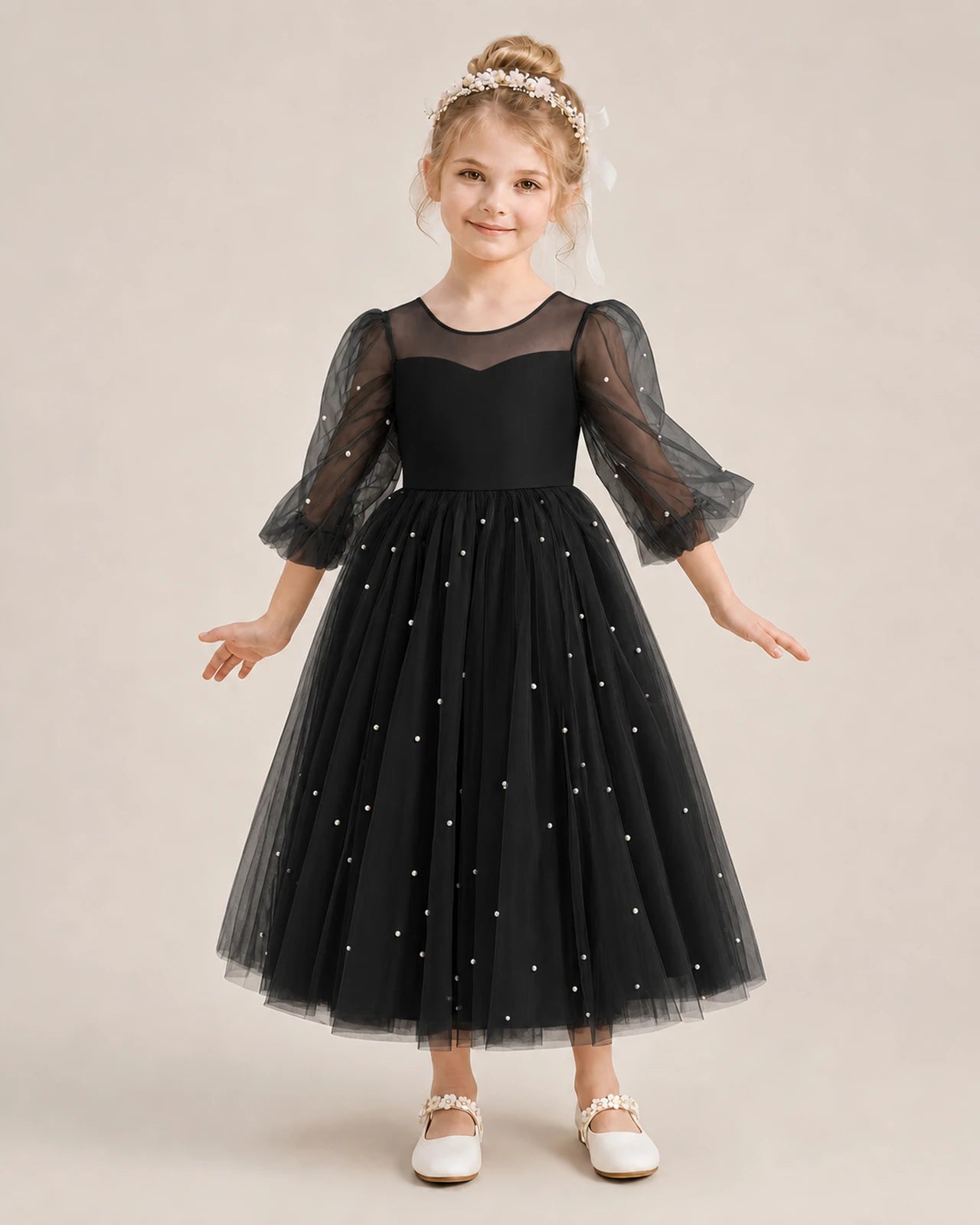 Black Satin and Tulle A-Line Flower Girl Dresses Front View