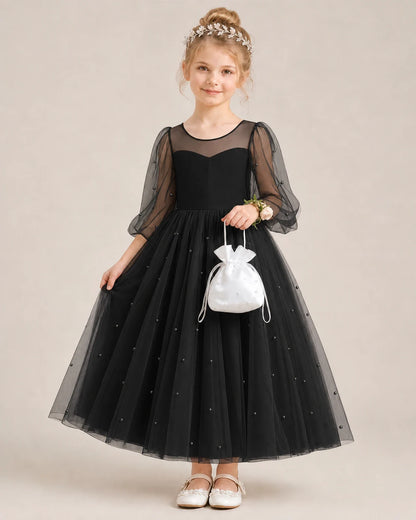 Dideyttawl Puff Sleeve Pearl Satin Tulle Flower Girl Dress