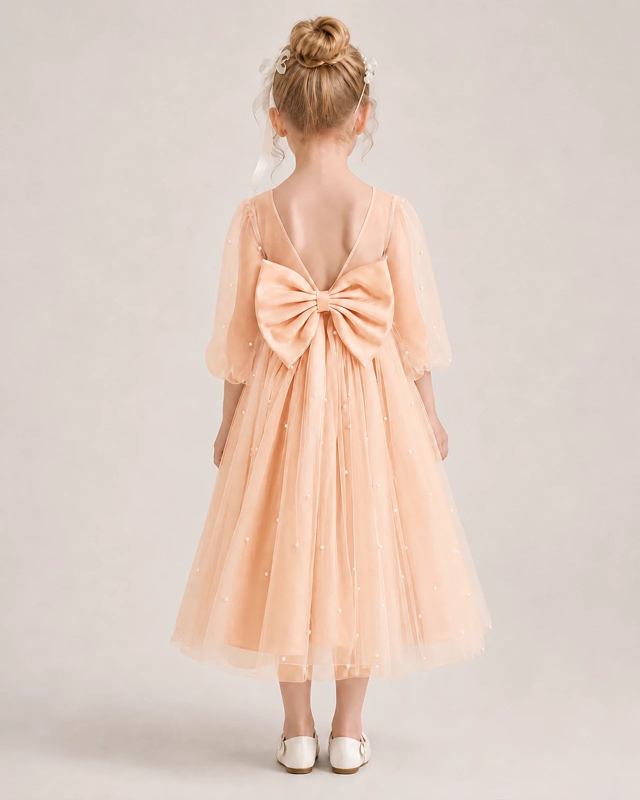Dideyttawl Puff Sleeve Pearl Satin Tulle Flower Girl Dress