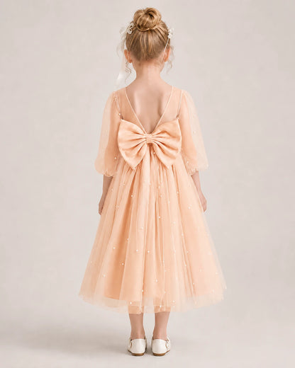Dideyttawl Puff Sleeve Pearl Satin Tulle Flower Girl Dress
