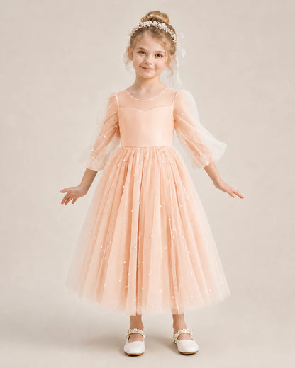 Dideyttawl Puff Sleeve Pearl Satin Tulle Flower Girl Dress
