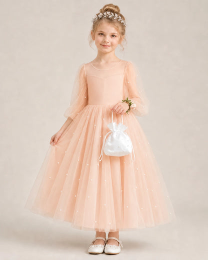 Dideyttawl Puff Sleeve Pearl Satin Tulle Flower Girl Dress