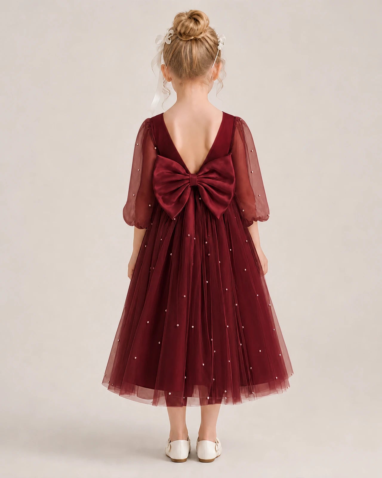 Dideyttawl Puff Sleeve Pearl Satin Tulle Flower Girl Dress