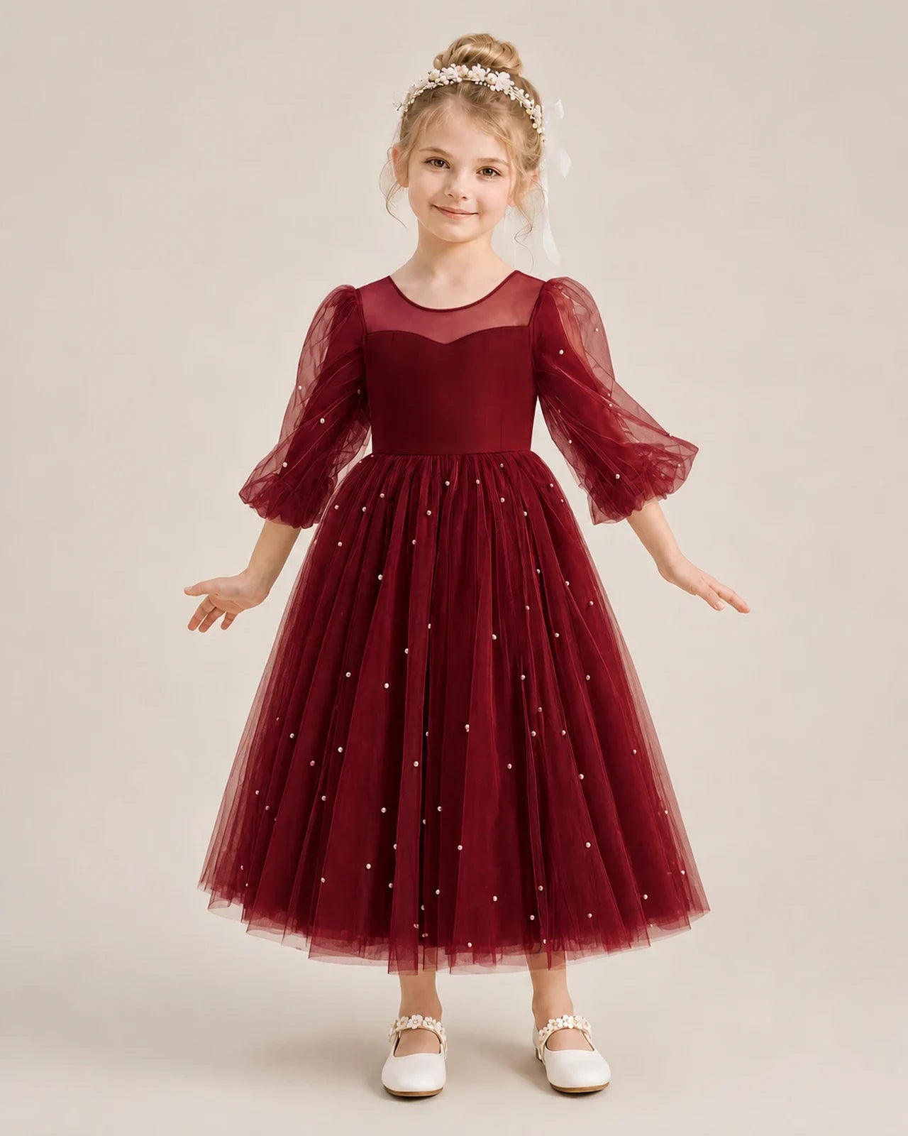 Dideyttawl Puff Sleeve Pearl Satin Tulle Flower Girl Dress
