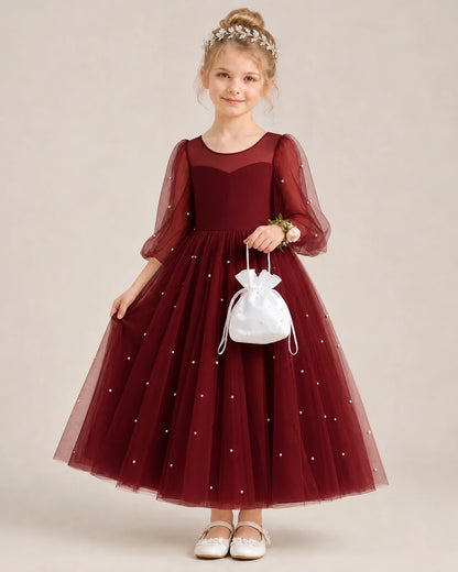 Dideyttawl Puff Sleeve Pearl Satin Tulle Flower Girl Dress