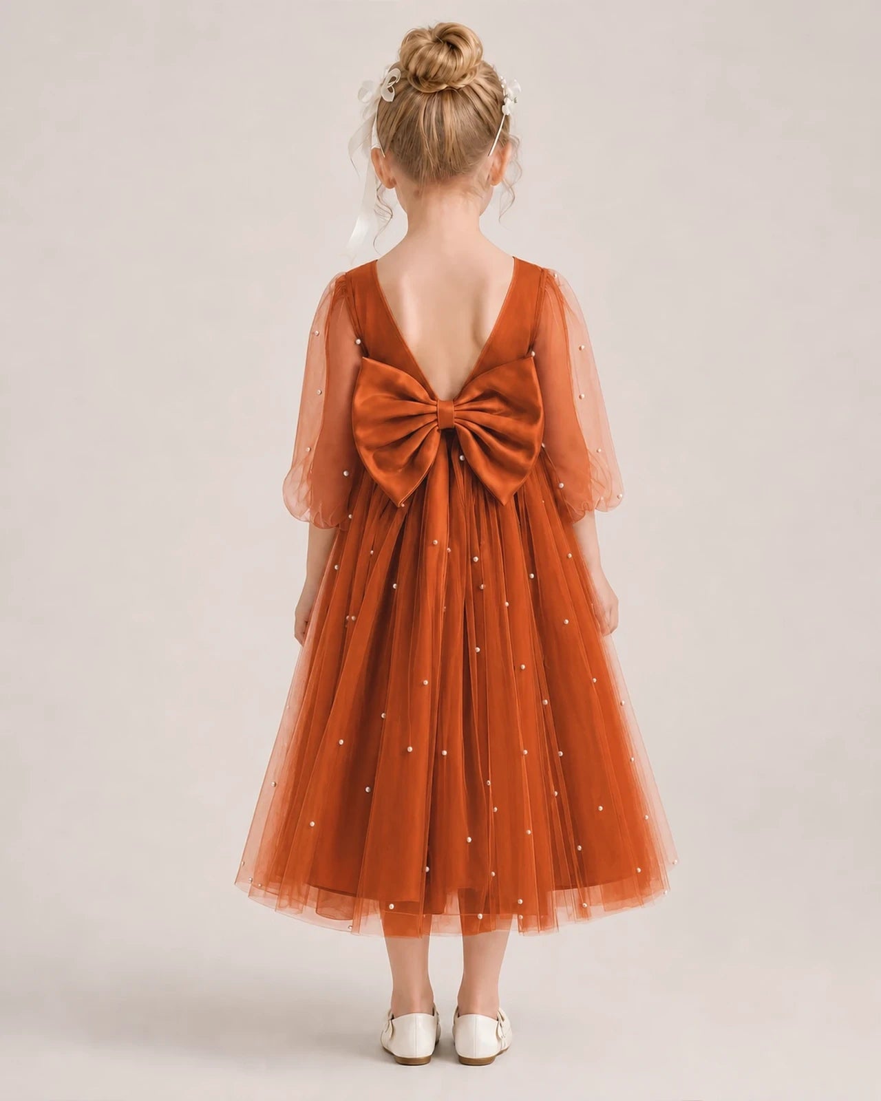 Dideyttawl Puff Sleeve Pearl Satin Tulle Flower Girl Dress