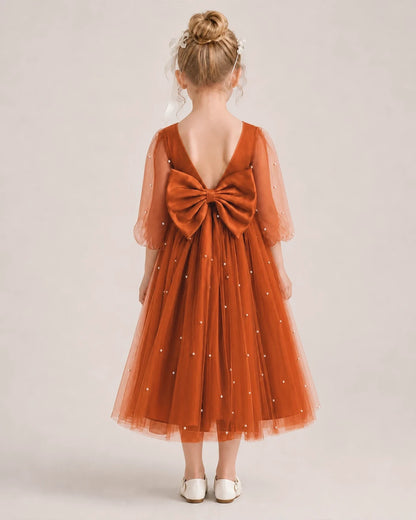 Dideyttawl Puff Sleeve Pearl Satin Tulle Flower Girl Dress