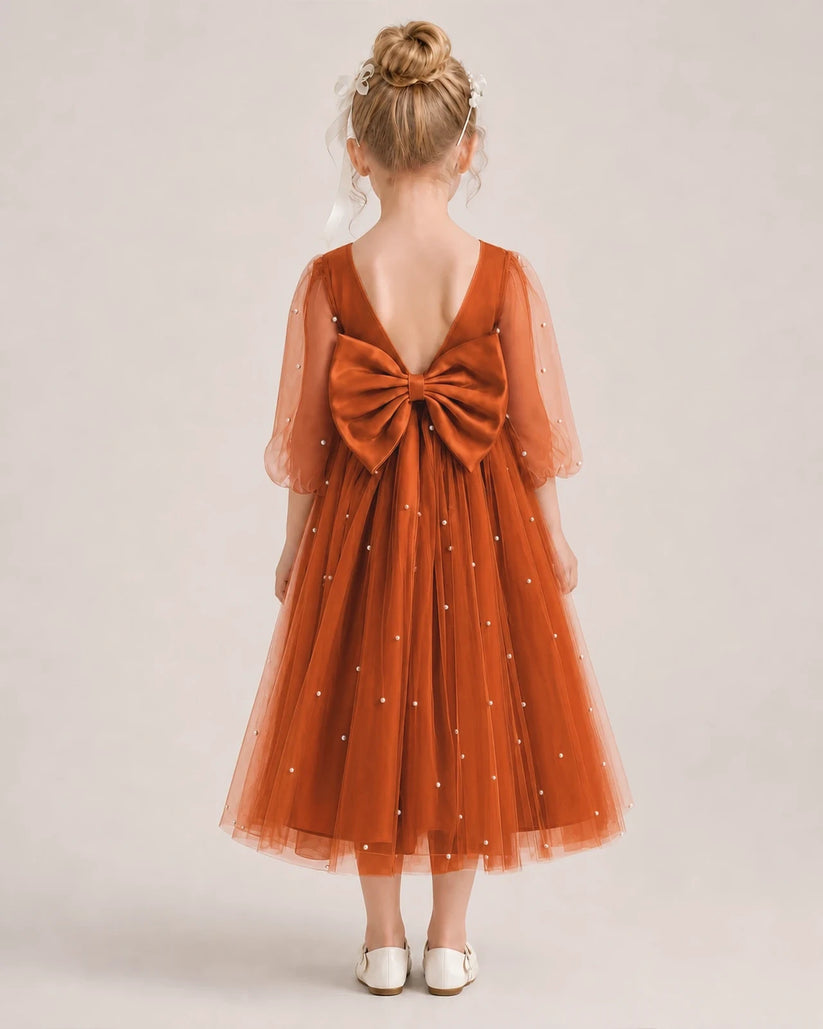 Burnt Orange Satin and Tulle V-Back Bow Flower Girl Dress Back View