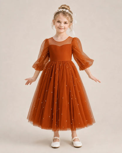 Dideyttawl Puff Sleeve Pearl Satin Tulle Flower Girl Dress