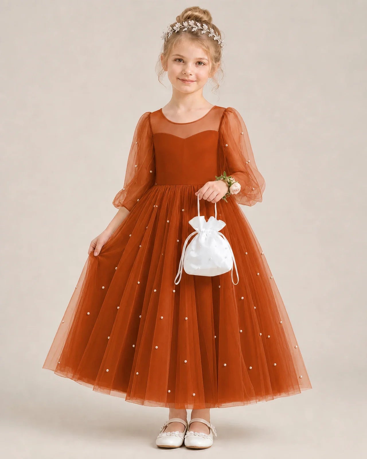 Dideyttawl Puff Sleeve Pearl Satin Tulle Flower Girl Dress