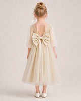 Champagne Satin and Tulle Bow Back Flower Girl Dresses Back View