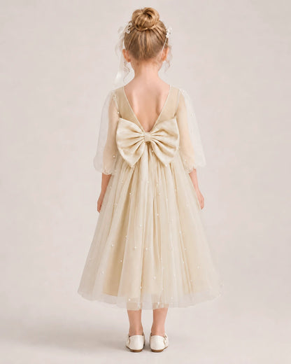 Dideyttawl Puff Sleeve Pearl Satin Tulle Flower Girl Dress