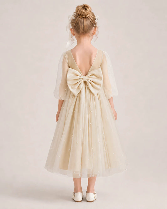 Champagne Satin and Tulle Bow Back Flower Girl Dresses Back View