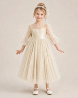 Champagne Satin Tulle Puff Sleeve Flower Girl Dresses Front View
