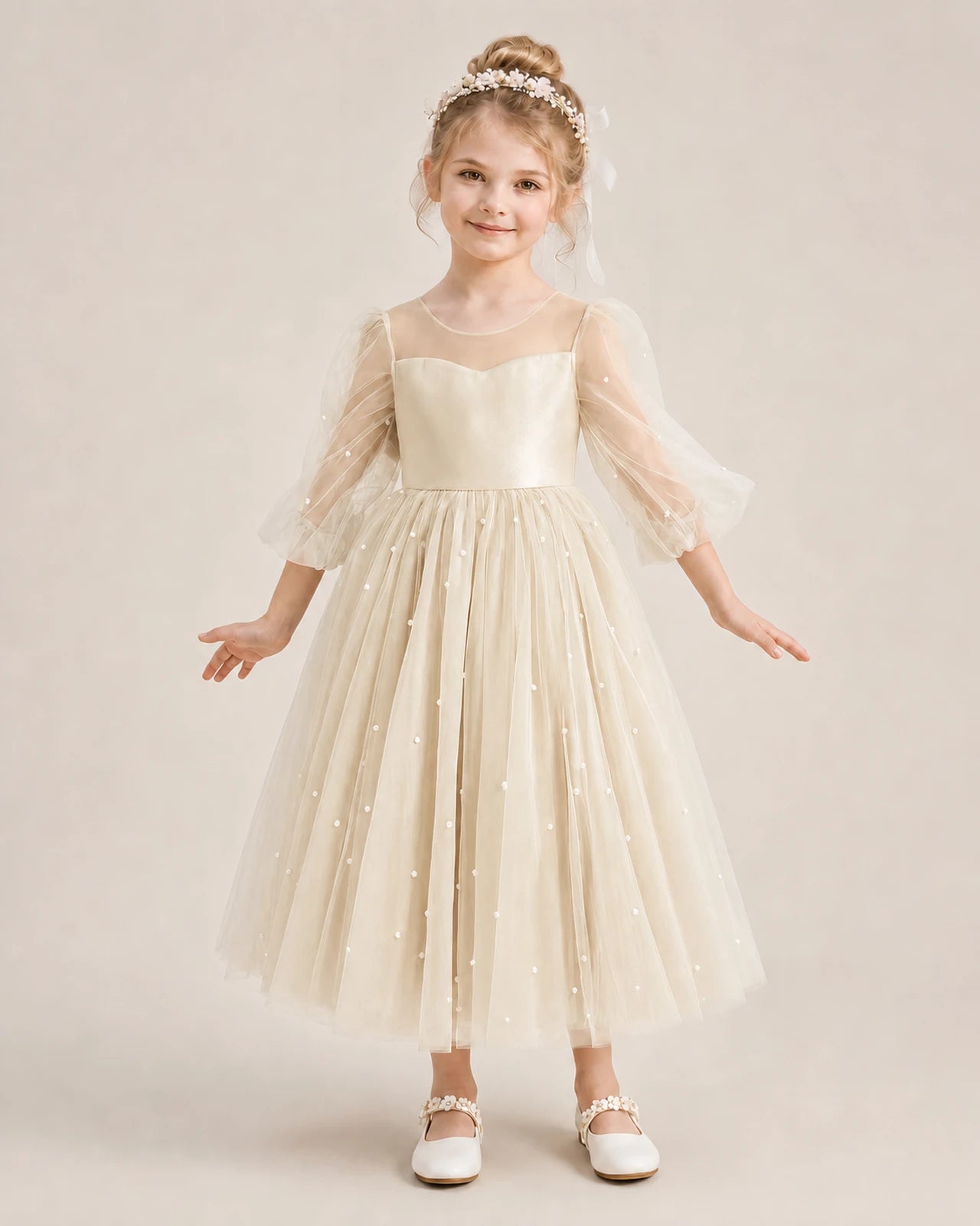 Champagne Satin Tulle Puff Sleeve Flower Girl Dresses Front View