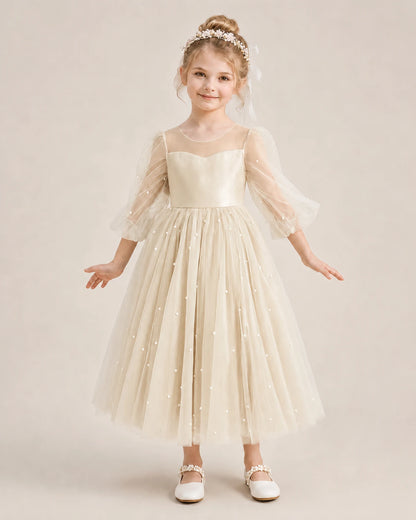 Dideyttawl Puff Sleeve Pearl Satin Tulle Flower Girl Dress