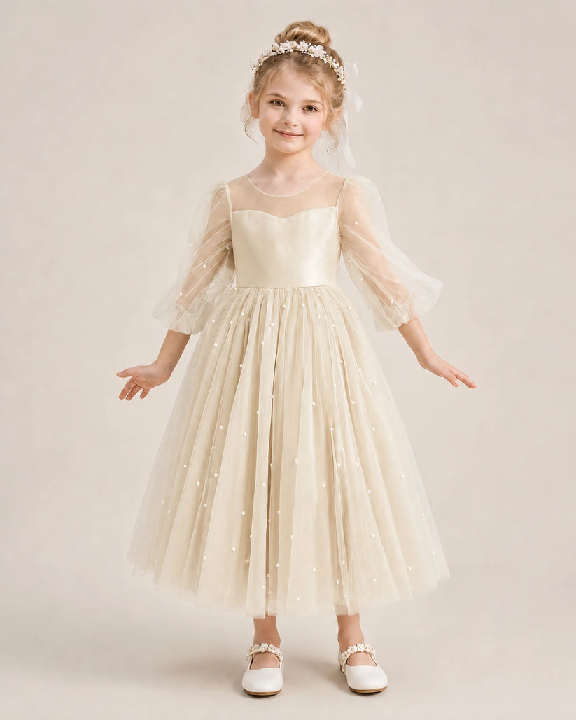 Champagne Satin Tulle Puff Sleeve Flower Girl Dresses Front View