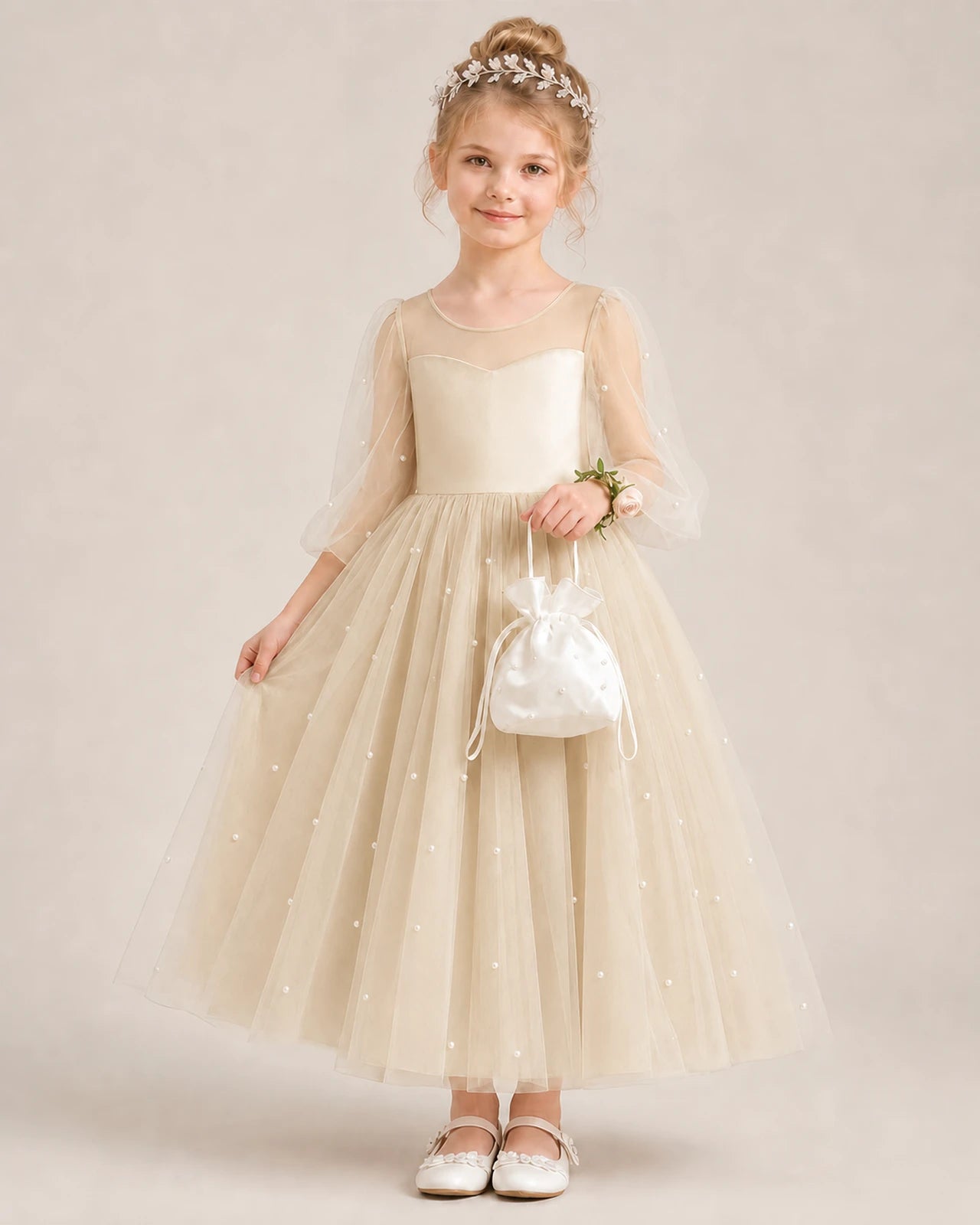 Dideyttawl Puff Sleeve Pearl Satin Tulle Flower Girl Dress