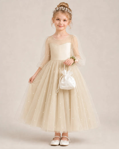 Dideyttawl Puff Sleeve Pearl Satin Tulle Flower Girl Dress