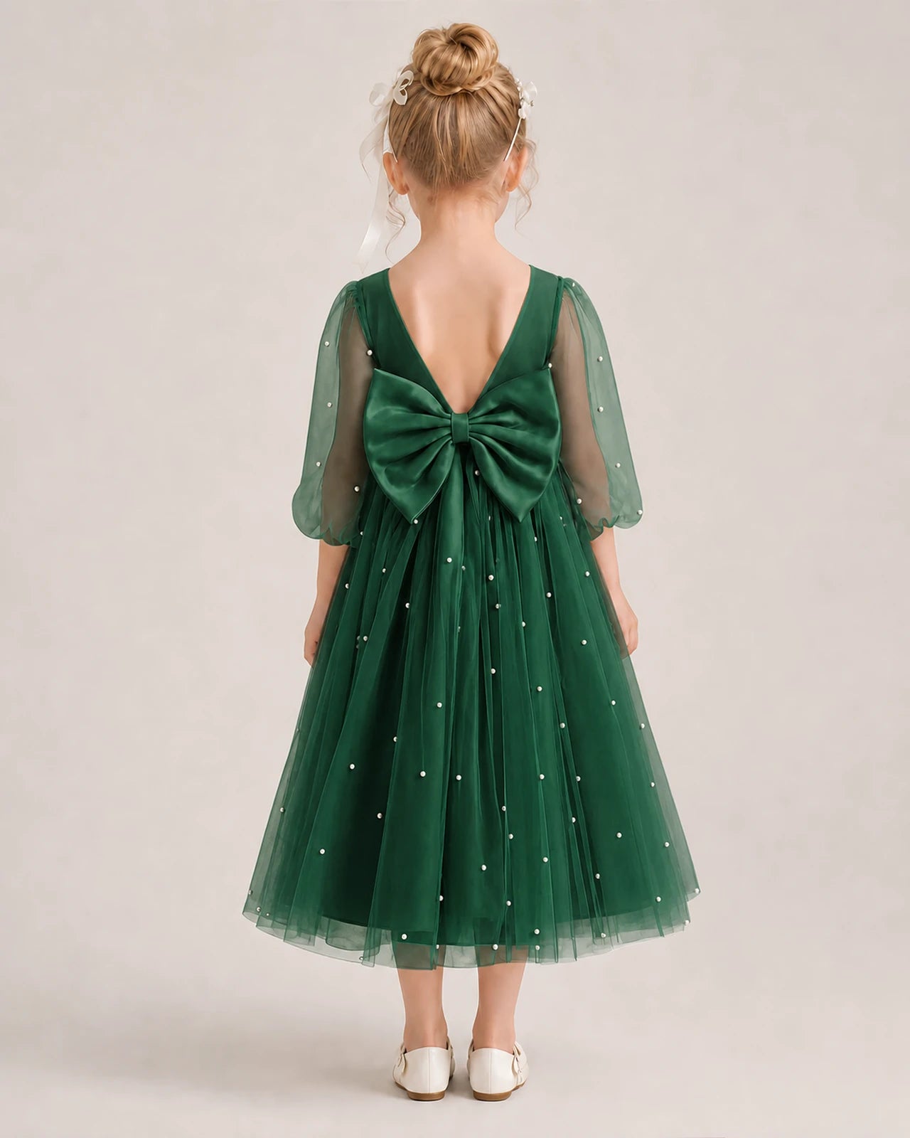 Dideyttawl Puff Sleeve Pearl Satin Tulle Flower Girl Dress