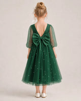 Dark Green Satin and Tulle A-Line Flower Girl Dresses Back View