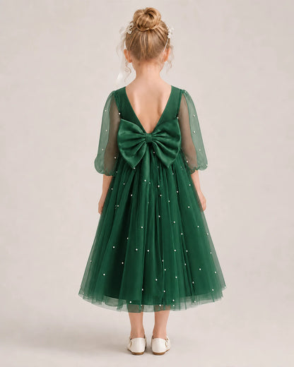 Dideyttawl Puff Sleeve Pearl Satin Tulle Flower Girl Dress