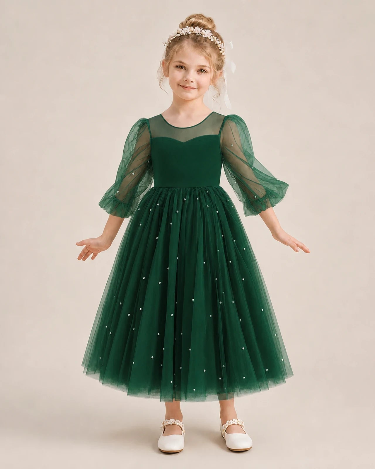 Dideyttawl Puff Sleeve Pearl Satin Tulle Flower Girl Dress