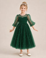 Dark Green Satin Tulle A-Line Flower Girl Dresses Front View