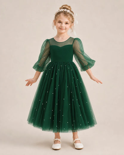 Dideyttawl Puff Sleeve Pearl Satin Tulle Flower Girl Dress