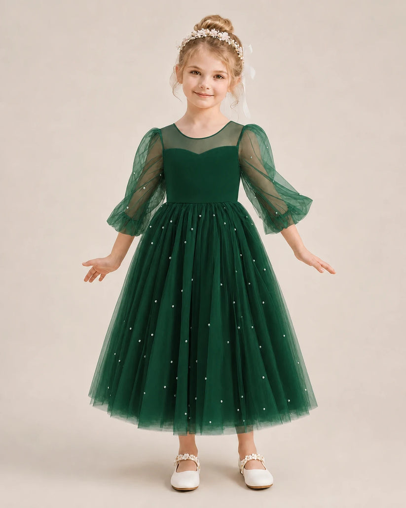 Dark Green Satin Tulle A-Line Flower Girl Dresses Front View