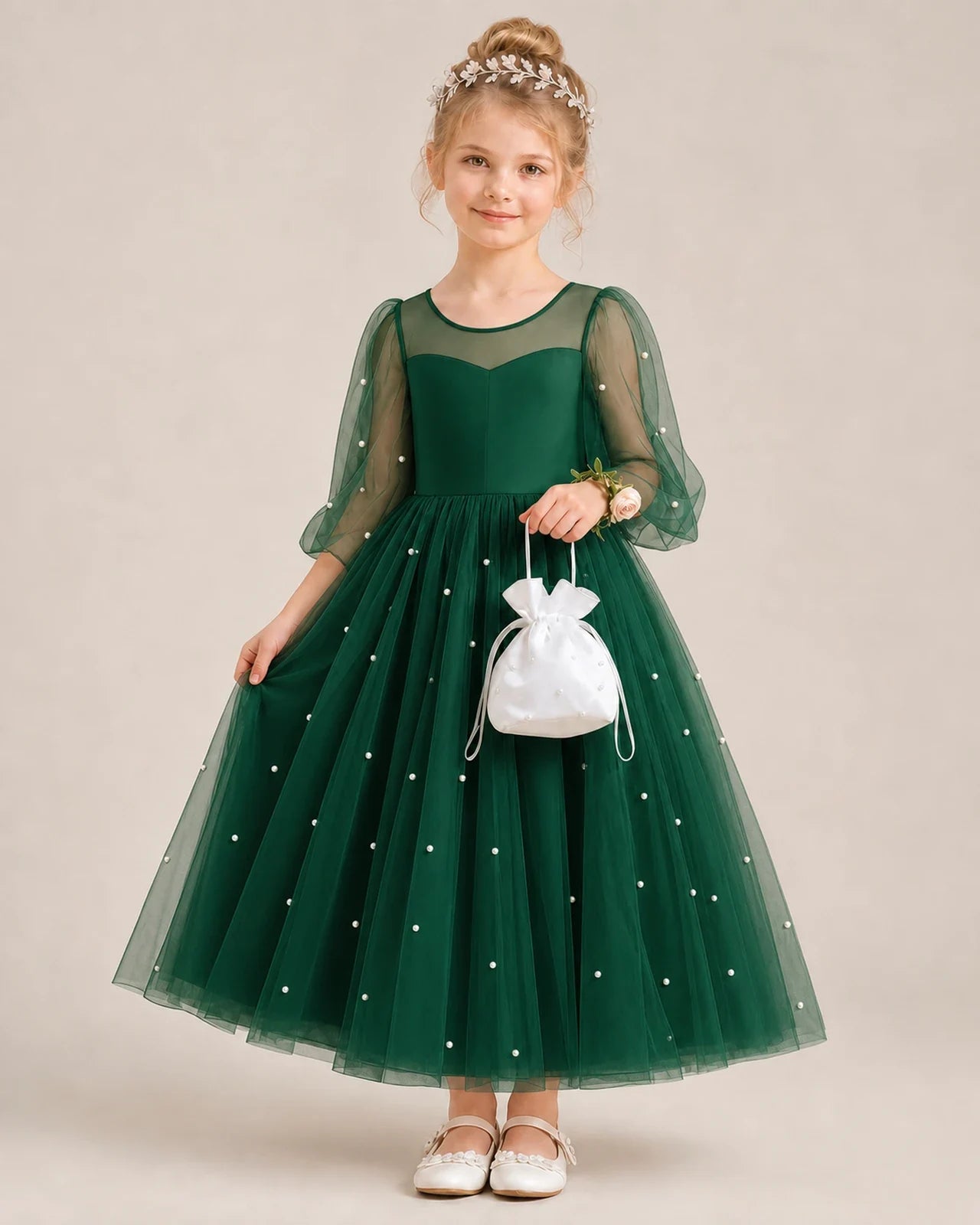 Dideyttawl Puff Sleeve Pearl Satin Tulle Flower Girl Dress