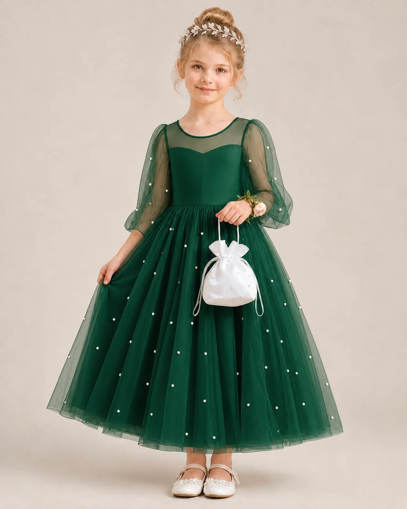 Dark Green Satin and Tulle Ball Gown Flower Girl Dress