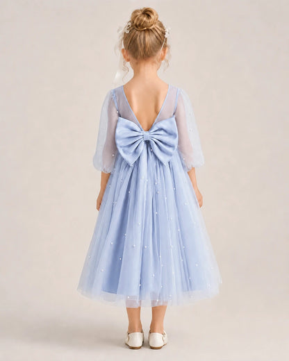 Dideyttawl Puff Sleeve Pearl Satin Tulle Flower Girl Dress