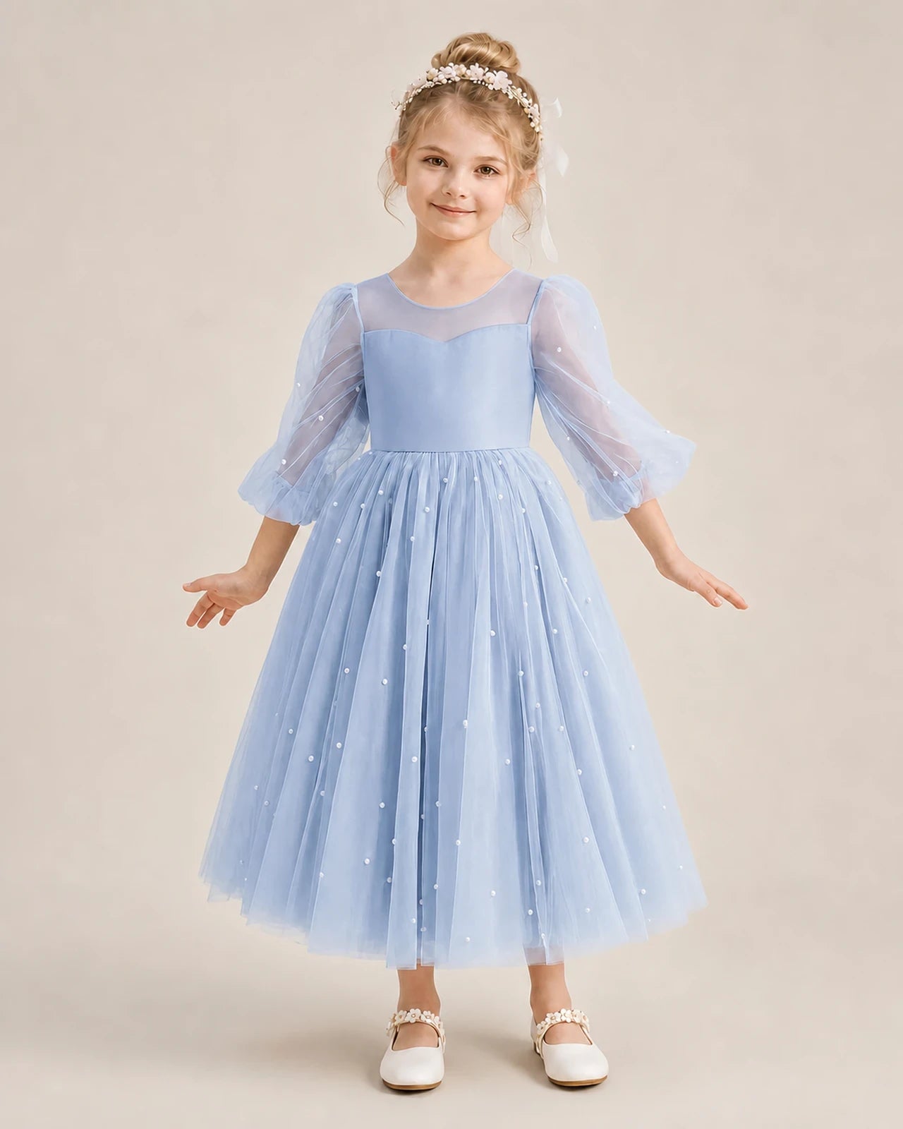 Dideyttawl Puff Sleeve Pearl Satin Tulle Flower Girl Dress
