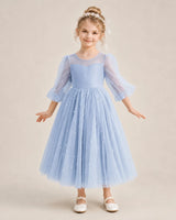 Dusty Blue Satin and Tulle A-Line Flower Girl Dress Front View