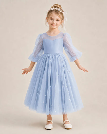 Dideyttawl Puff Sleeve Pearl Satin Tulle Flower Girl Dress