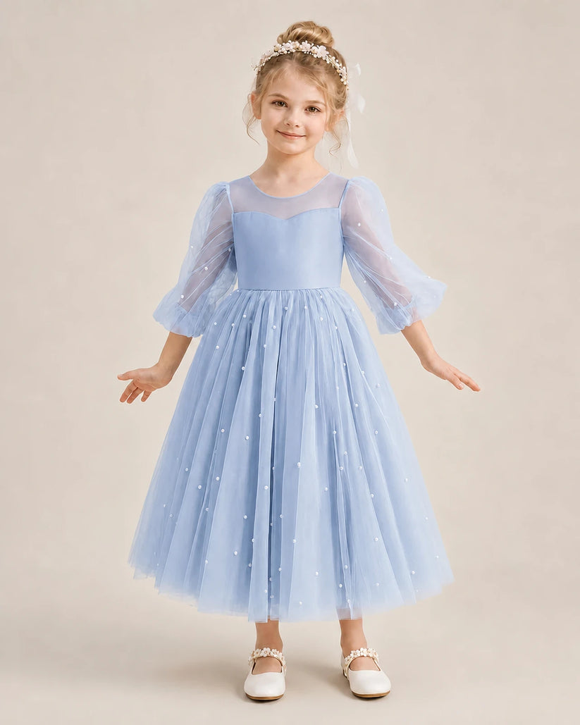 Dusty Blue Satin and Tulle A-Line Flower Girl Dress Front View