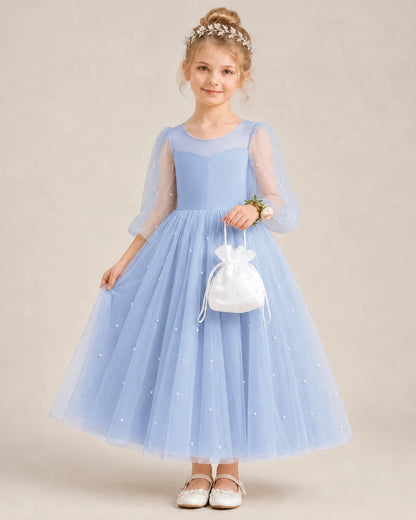 Dideyttawl Puff Sleeve Pearl Satin Tulle Flower Girl Dress