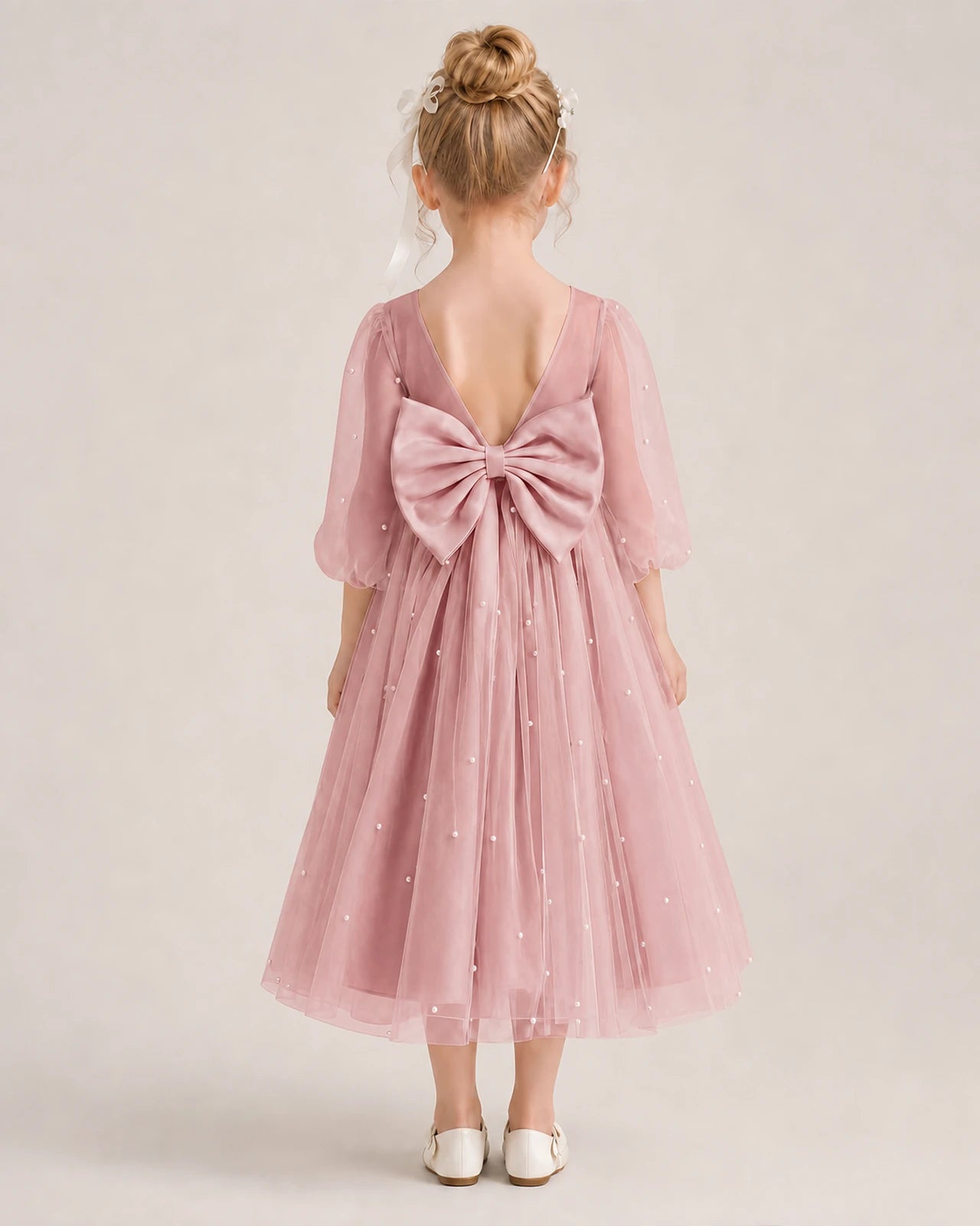 Dideyttawl Puff Sleeve Pearl Satin Tulle Flower Girl Dress