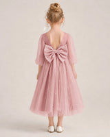 Dusty Rose Satin and Tulle V-Back Bow Flower Girl Dress Back View