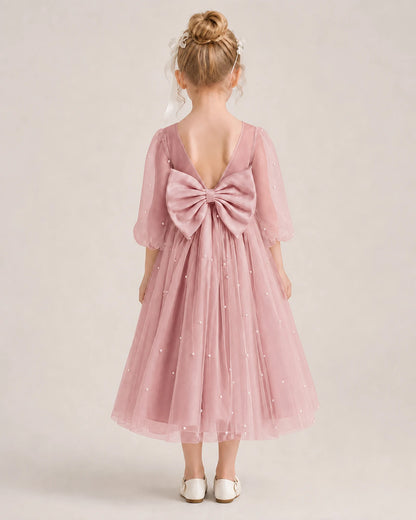 Dideyttawl Puff Sleeve Pearl Satin Tulle Flower Girl Dress