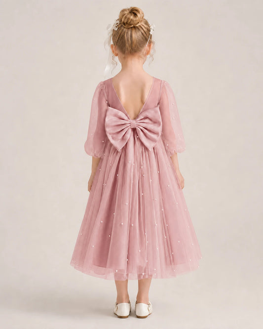 Dusty Rose Satin and Tulle V-Back Bow Flower Girl Dress Back View