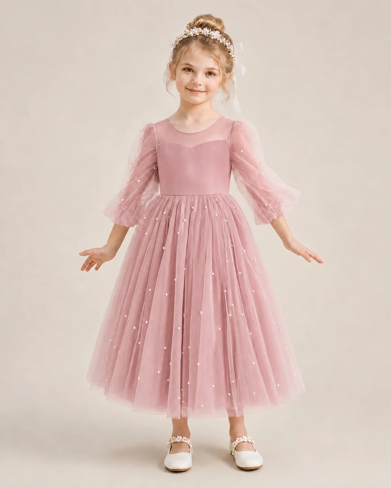 Dideyttawl Puff Sleeve Pearl Satin Tulle Flower Girl Dress