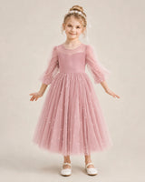 Dusty Rose Satin Tulle A-Line Flower Girl Dress Front View
