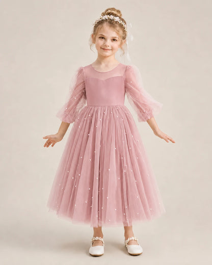 Dideyttawl Puff Sleeve Pearl Satin Tulle Flower Girl Dress