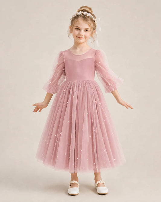 Dusty Rose Satin Tulle A-Line Flower Girl Dress Front View